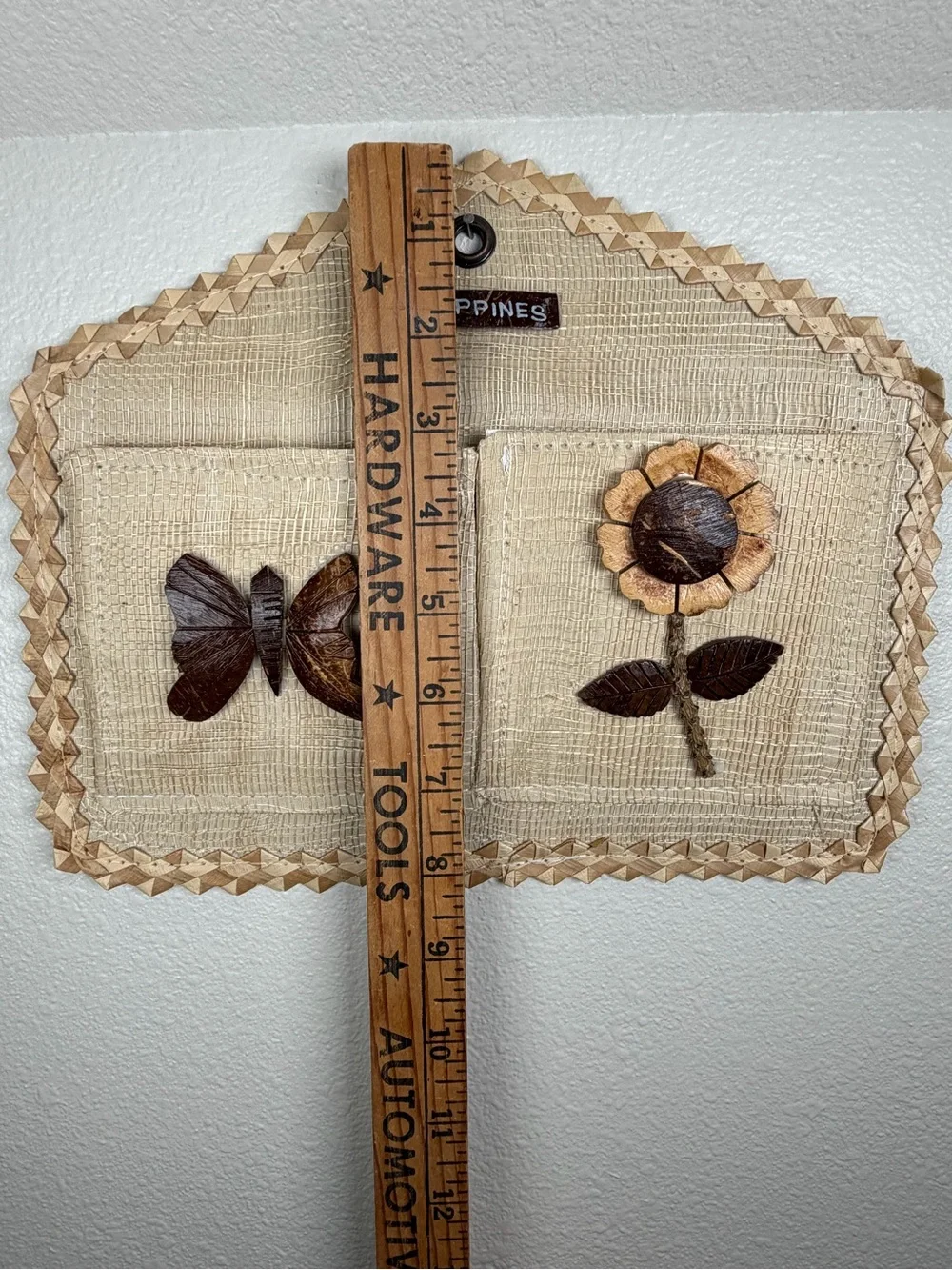 Vintage Woven Rattan Raffia Mail Bill Sorter Coconut Shell Butterfly Sunflower
